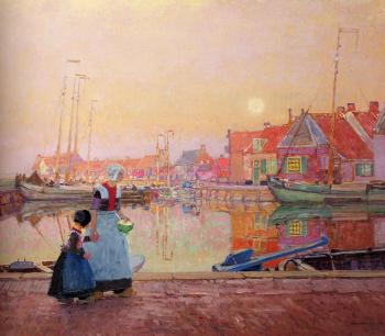 漢斯 赫爾曼 A Dutch Fishing village At Dusk With Figures On A Quay